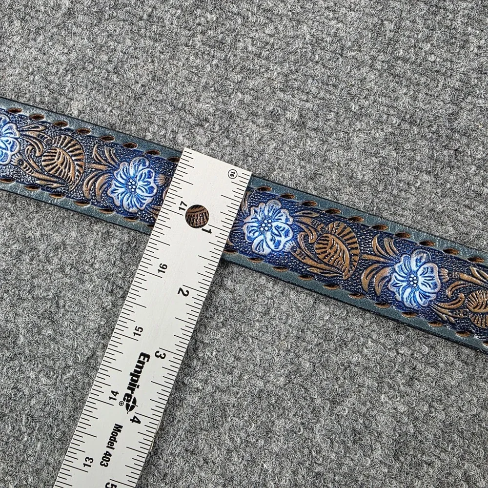 Vintage Tooled Leather Belt Sz 30 Blue Floral Western Saddle Leather Cowboy‎ USA